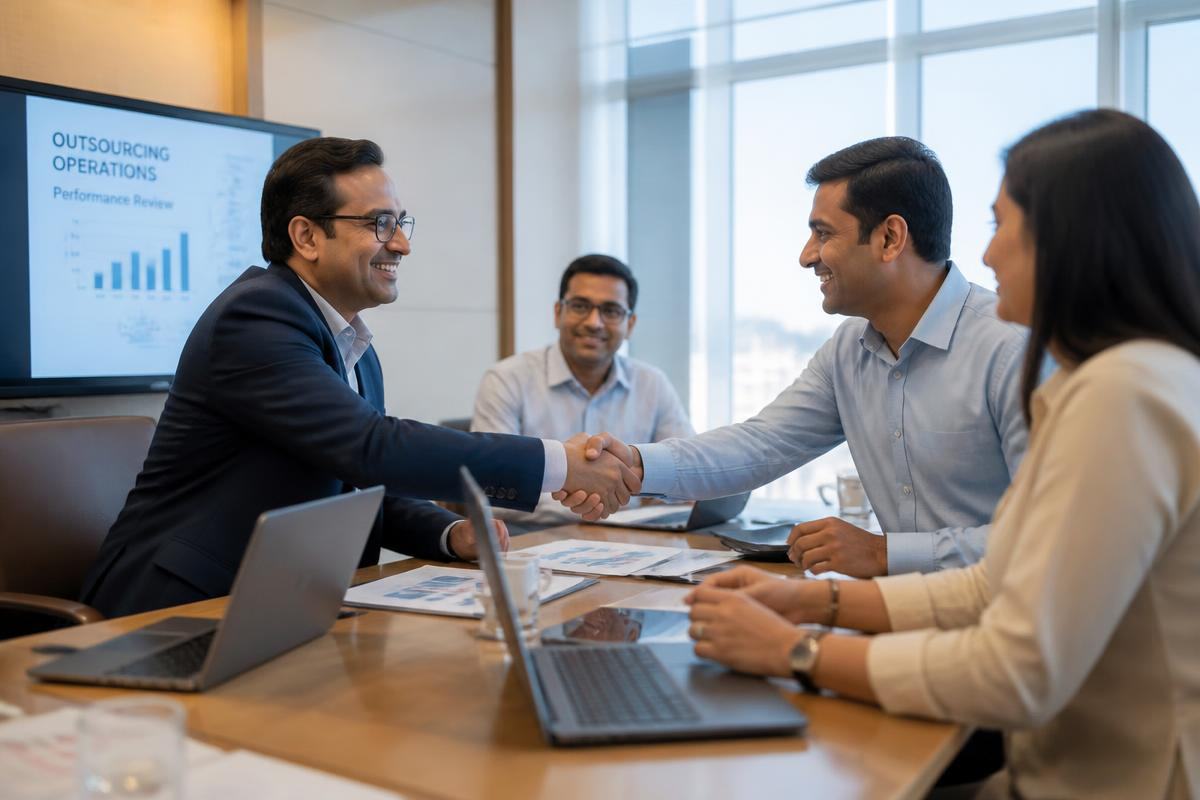 Business client and ScaleDesk operations manager reviewing program performance together in a meeting